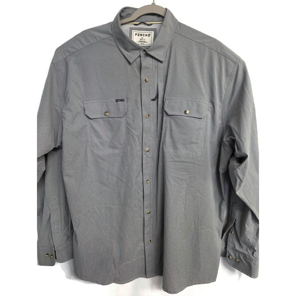 Poncho Mens Shirt XL Regular Fit Blue Gray Stripe Magnetic Pockets
